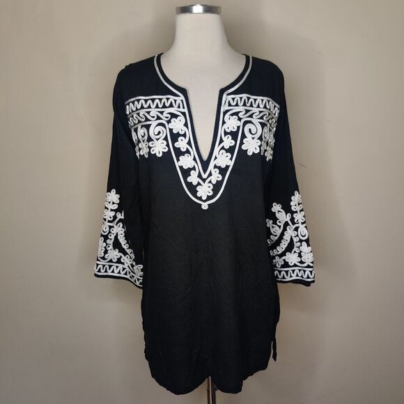 Barbara Gerwit Embroidered Tunic Top Black Cotton Side Slits - Picture 1 of 10